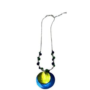Blue & Green Disc Pendant w/blue and green beads on silver tone Chain